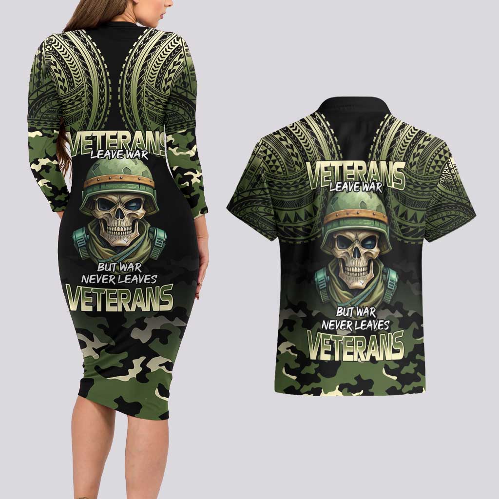 Veterans Day Couples Matching Long Sleeve Bodycon Dress and Hawaiian Shirt War Never Leaves A Veteran Proud Military LT9 - Polynesian Pride