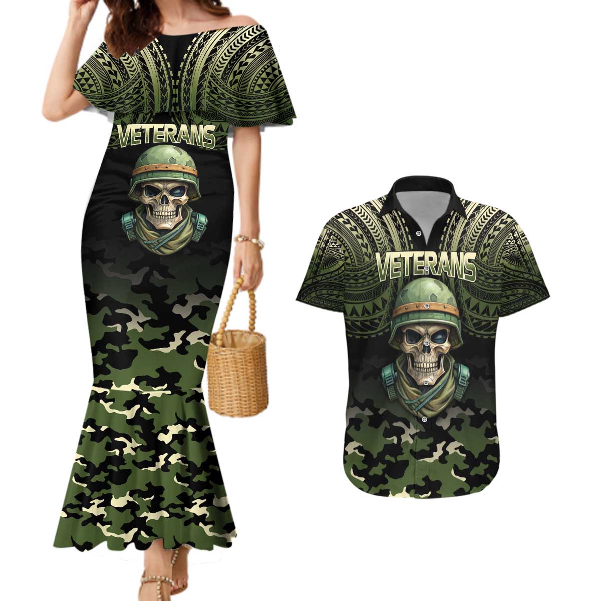 Veterans Day Couples Matching Mermaid Dress and Hawaiian Shirt War Never Leaves A Veteran Proud Military LT9 Black - Polynesian Pride