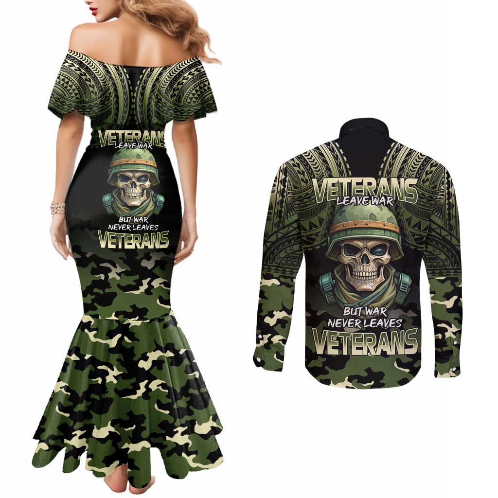 Veterans Day Couples Matching Mermaid Dress and Long Sleeve Button Shirt War Never Leaves A Veteran Proud Military LT9 - Polynesian Pride