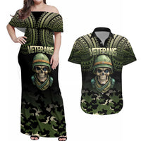 Veterans Day Couples Matching Off Shoulder Maxi Dress and Hawaiian Shirt War Never Leaves A Veteran Proud Military LT9 Black - Polynesian Pride