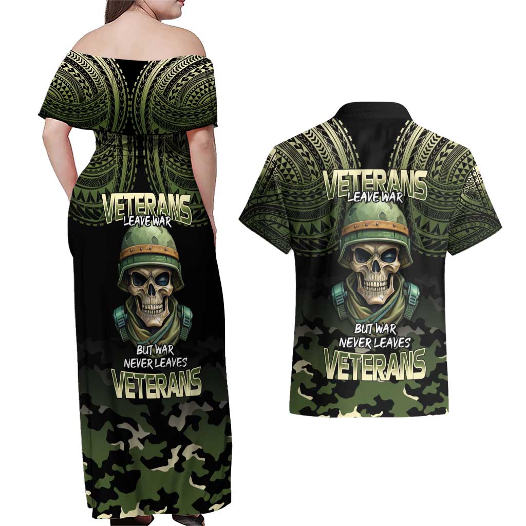 Veterans Day Couples Matching Off Shoulder Maxi Dress and Hawaiian Shirt War Never Leaves A Veteran Proud Military LT9 - Polynesian Pride