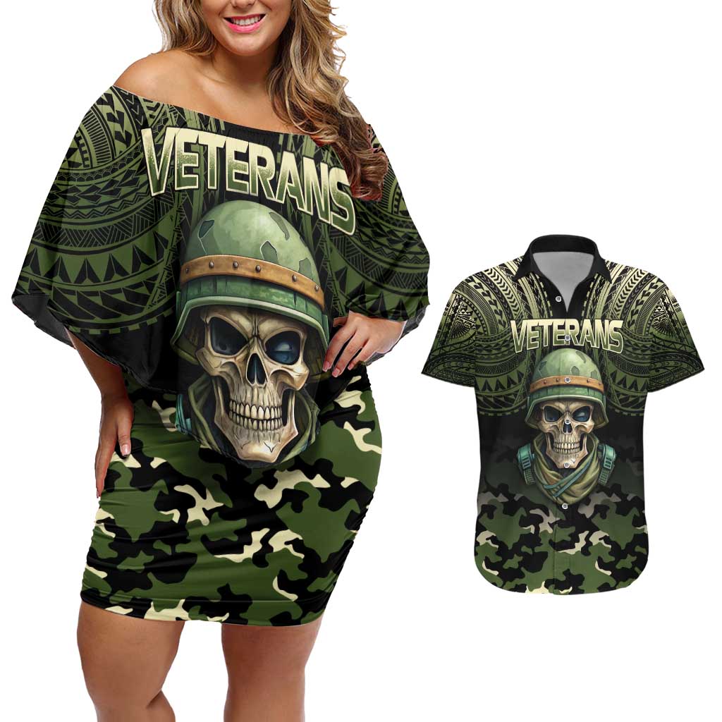 Veterans Day Couples Matching Off Shoulder Short Dress and Hawaiian Shirt War Never Leaves A Veteran Proud Military LT9 Black - Polynesian Pride