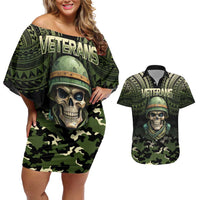 Veterans Day Couples Matching Off Shoulder Short Dress and Hawaiian Shirt War Never Leaves A Veteran Proud Military LT9 Black - Polynesian Pride
