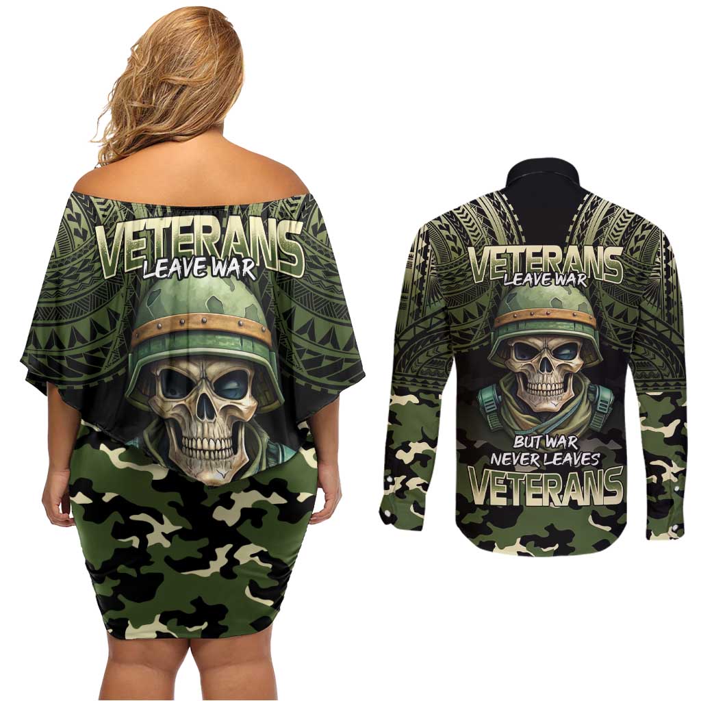 Veterans Day Couples Matching Off Shoulder Short Dress and Long Sleeve Button Shirt War Never Leaves A Veteran Proud Military LT9 - Polynesian Pride