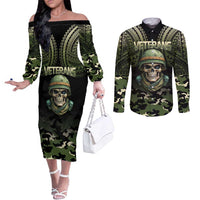 Veterans Day Couples Matching Off The Shoulder Long Sleeve Dress and Long Sleeve Button Shirt War Never Leaves A Veteran Proud Military LT9 Black - Polynesian Pride