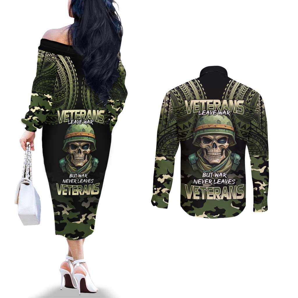Veterans Day Couples Matching Off The Shoulder Long Sleeve Dress and Long Sleeve Button Shirt War Never Leaves A Veteran Proud Military LT9 - Polynesian Pride
