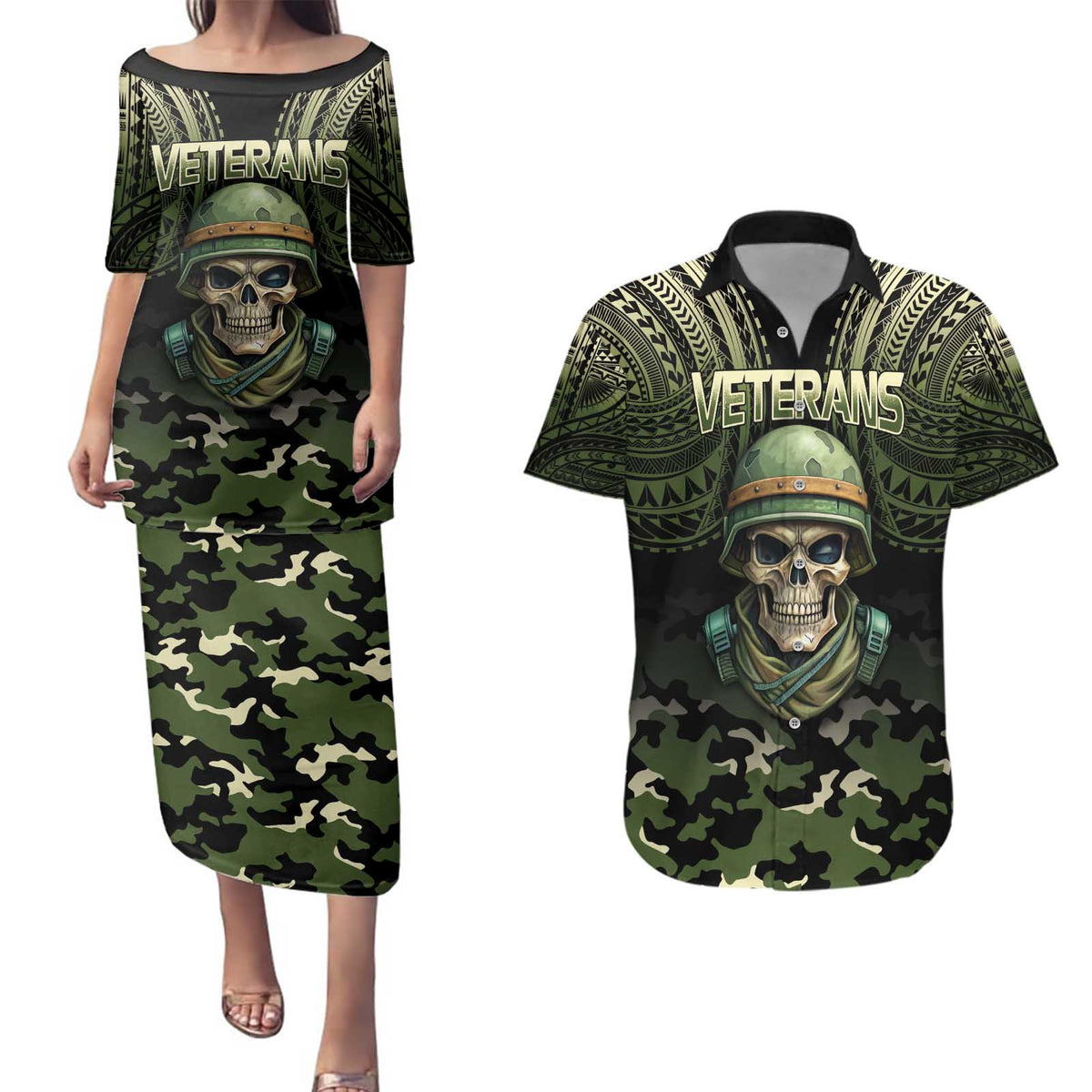 Veterans Day Couples Matching Puletasi and Hawaiian Shirt War Never Leaves A Veteran Proud Military LT9 Black - Polynesian Pride