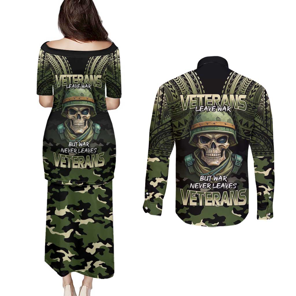Veterans Day Couples Matching Puletasi and Long Sleeve Button Shirt War Never Leaves A Veteran Proud Military
