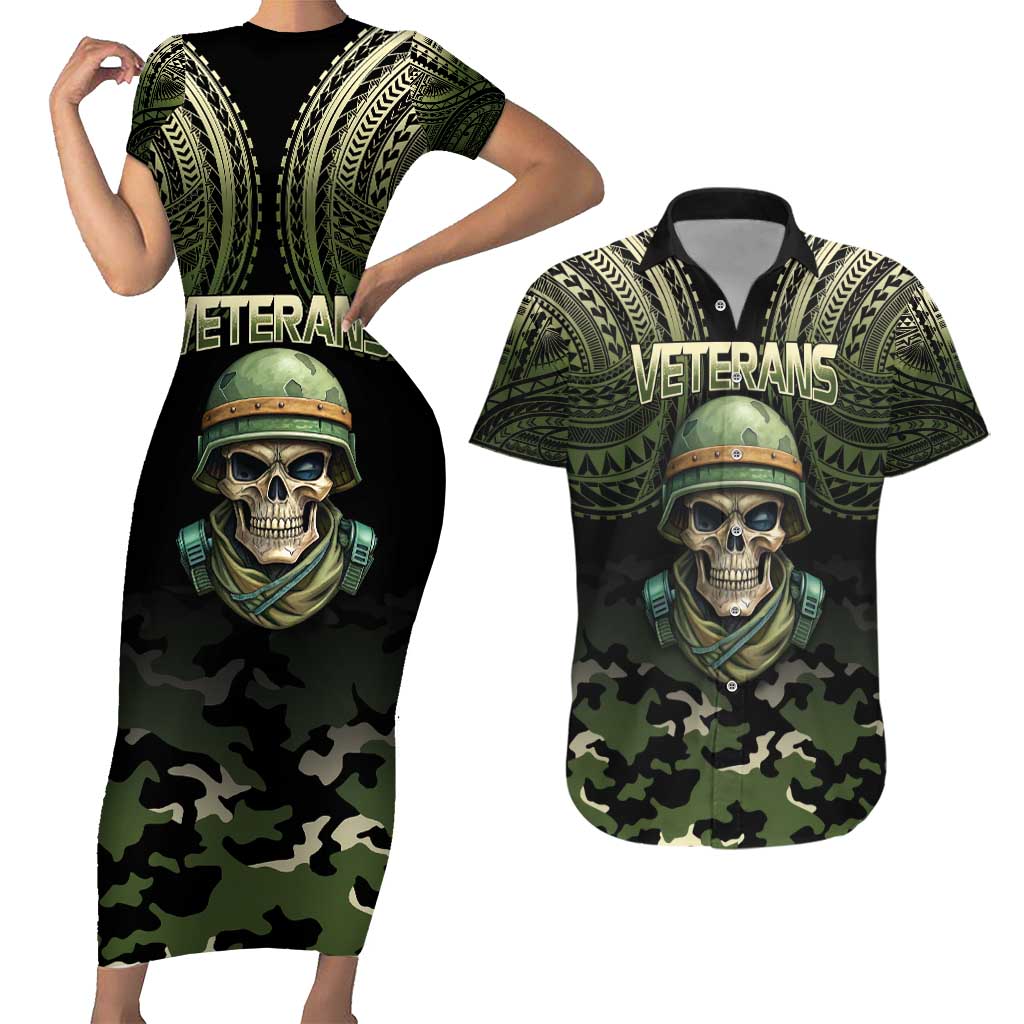 Veterans Day Couples Matching Short Sleeve Bodycon Dress and Hawaiian Shirt War Never Leaves A Veteran Proud Military LT9 Black - Polynesian Pride