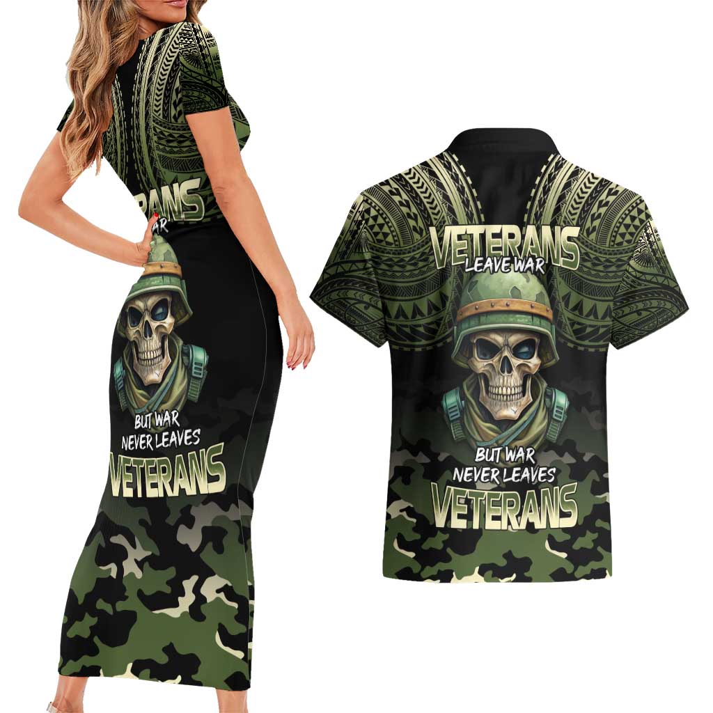 Veterans Day Couples Matching Short Sleeve Bodycon Dress and Hawaiian Shirt War Never Leaves A Veteran Proud Military LT9 - Polynesian Pride