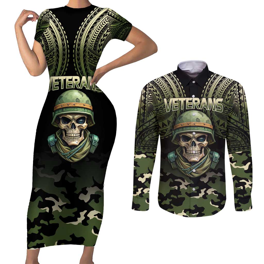 Veterans Day Couples Matching Short Sleeve Bodycon Dress and Long Sleeve Button Shirt War Never Leaves A Veteran Proud Military LT9 Black - Polynesian Pride