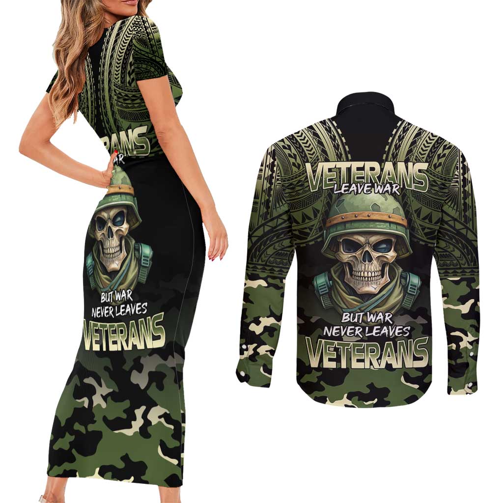 Veterans Day Couples Matching Short Sleeve Bodycon Dress and Long Sleeve Button Shirt War Never Leaves A Veteran Proud Military LT9 - Polynesian Pride