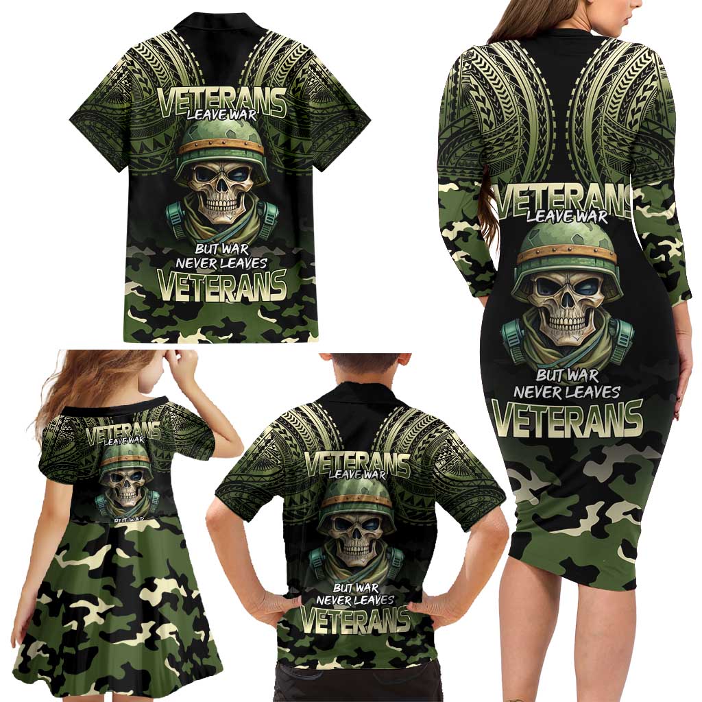 Veterans Day Family Matching Long Sleeve Bodycon Dress and Hawaiian Shirt War Never Leaves A Veteran Proud Military LT9 - Polynesian Pride