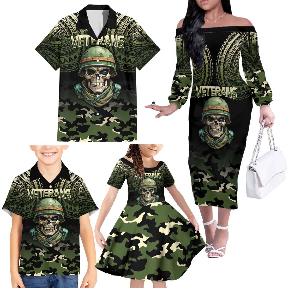 Veterans Day Family Matching Off The Shoulder Long Sleeve Dress and Hawaiian Shirt War Never Leaves A Veteran Proud Military LT9 - Polynesian Pride