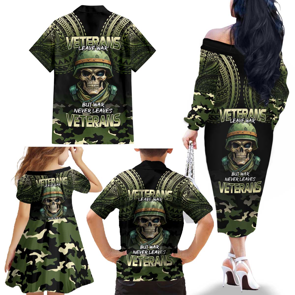 Veterans Day Family Matching Off The Shoulder Long Sleeve Dress and Hawaiian Shirt War Never Leaves A Veteran Proud Military LT9 - Polynesian Pride