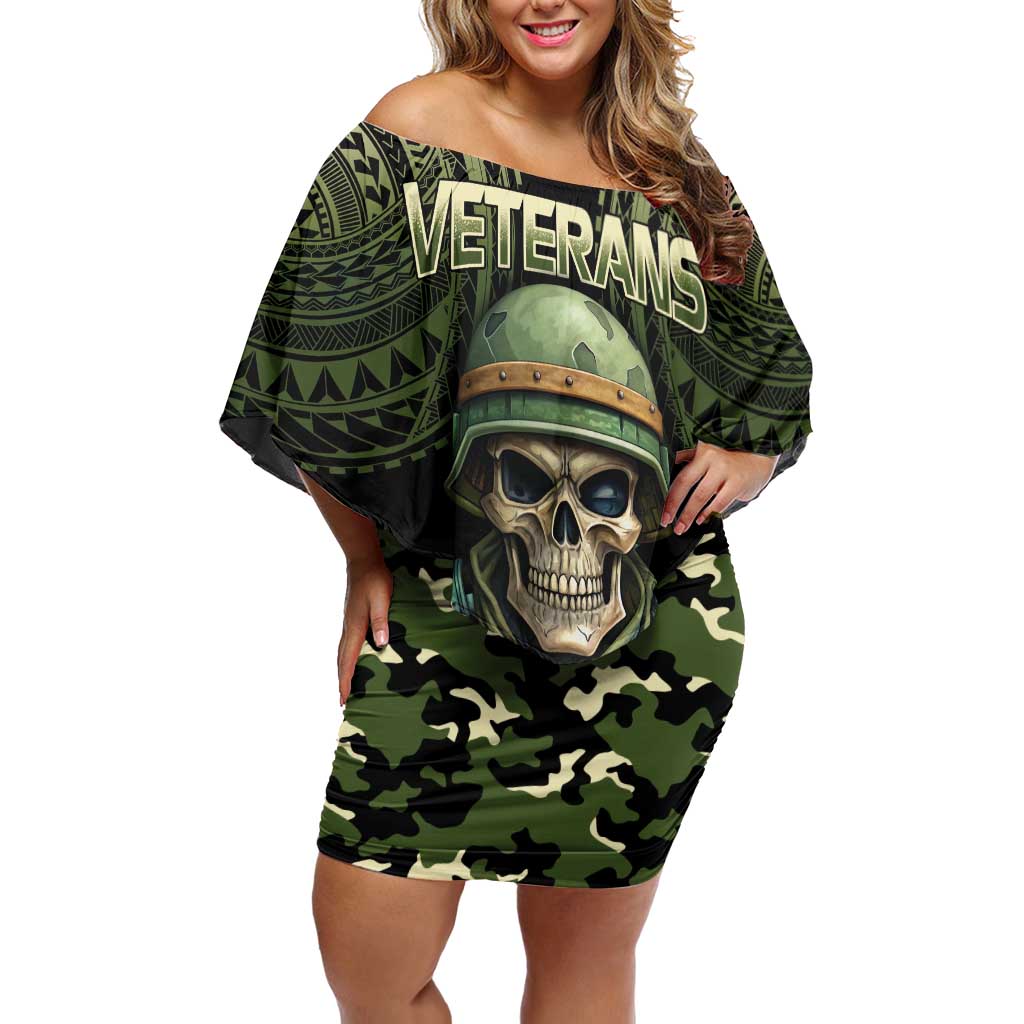 Veterans Day Family Matching Off Shoulder Short Dress and Hawaiian Shirt War Never Leaves A Veteran Proud Military LT9 Mom's Dress Black - Polynesian Pride