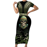 Veterans Day Family Matching Short Sleeve Bodycon Dress and Hawaiian Shirt War Never Leaves A Veteran Proud Military LT9 Mom's Dress Black - Polynesian Pride