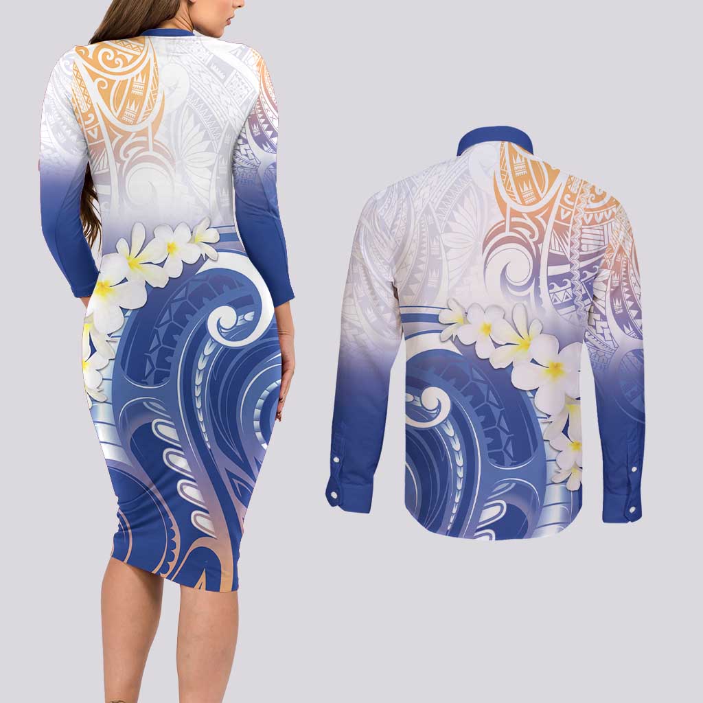 Marshall Islands Manit Day Couples Matching Long Sleeve Bodycon Dress and Long Sleeve Button Shirt Plumeria and Polynesian Tribal LT9 - Polynesian Pride