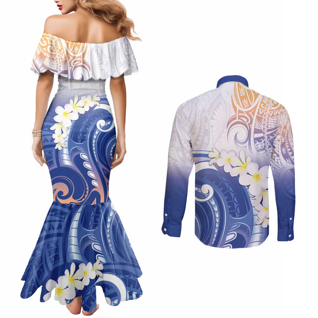 Marshall Islands Manit Day Couples Matching Mermaid Dress and Long Sleeve Button Shirt Plumeria and Polynesian Tribal LT9 - Polynesian Pride