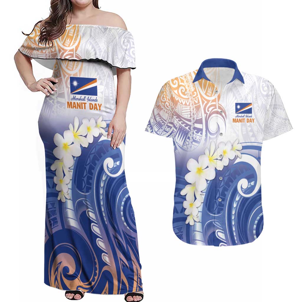 Marshall Islands Manit Day Couples Matching Off Shoulder Maxi Dress and Hawaiian Shirt Plumeria and Polynesian Tribal LT9 White - Polynesian Pride