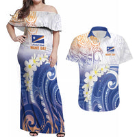 Marshall Islands Manit Day Couples Matching Off Shoulder Maxi Dress and Hawaiian Shirt Plumeria and Polynesian Tribal LT9 White - Polynesian Pride