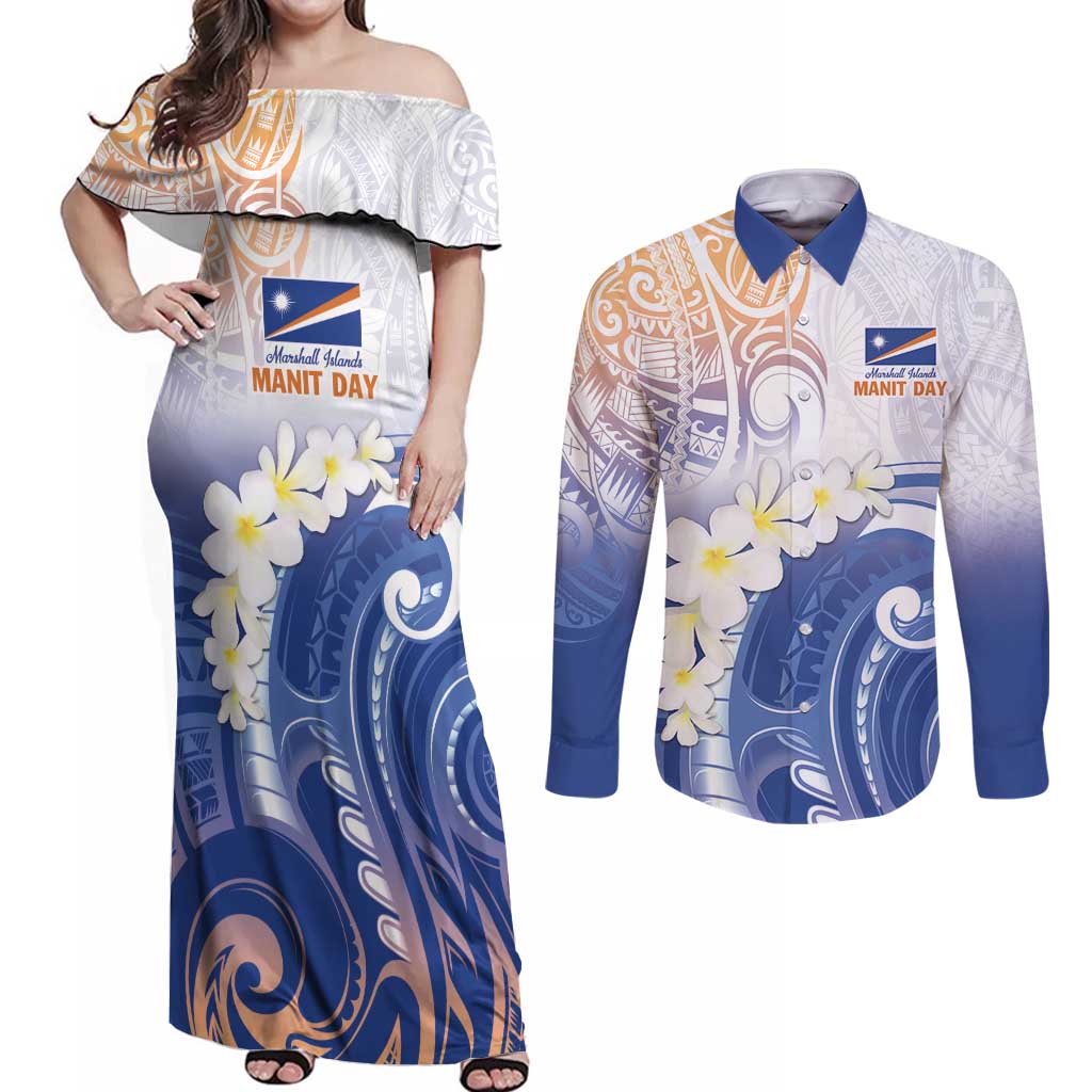 Marshall Islands Manit Day Couples Matching Off Shoulder Maxi Dress and Long Sleeve Button Shirt Plumeria and Polynesian Tribal LT9 White - Polynesian Pride