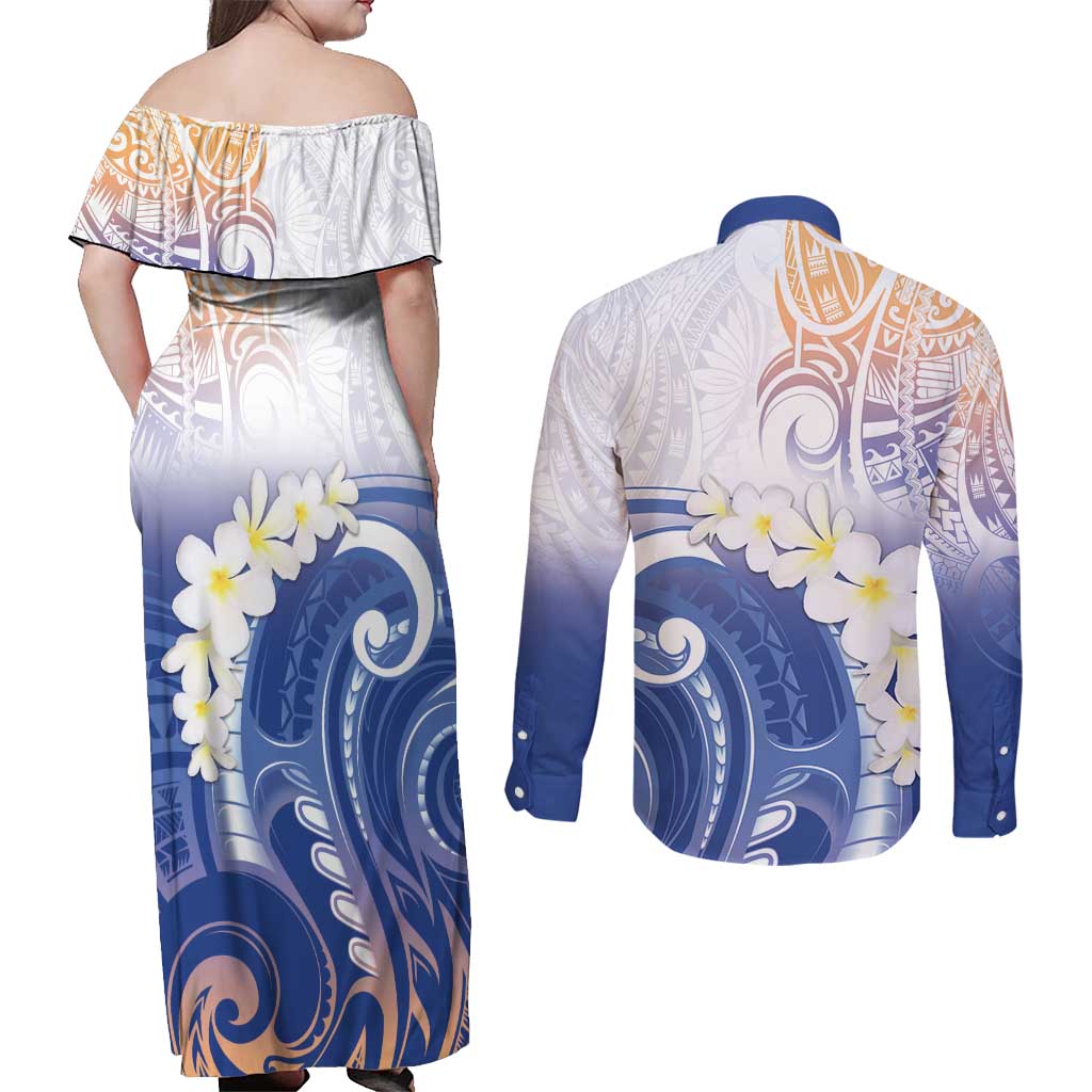 Marshall Islands Manit Day Couples Matching Off Shoulder Maxi Dress and Long Sleeve Button Shirt Plumeria and Polynesian Tribal LT9 - Polynesian Pride