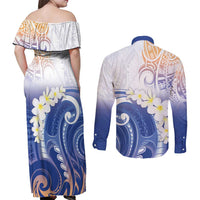 Marshall Islands Manit Day Couples Matching Off Shoulder Maxi Dress and Long Sleeve Button Shirt Plumeria and Polynesian Tribal LT9 - Polynesian Pride