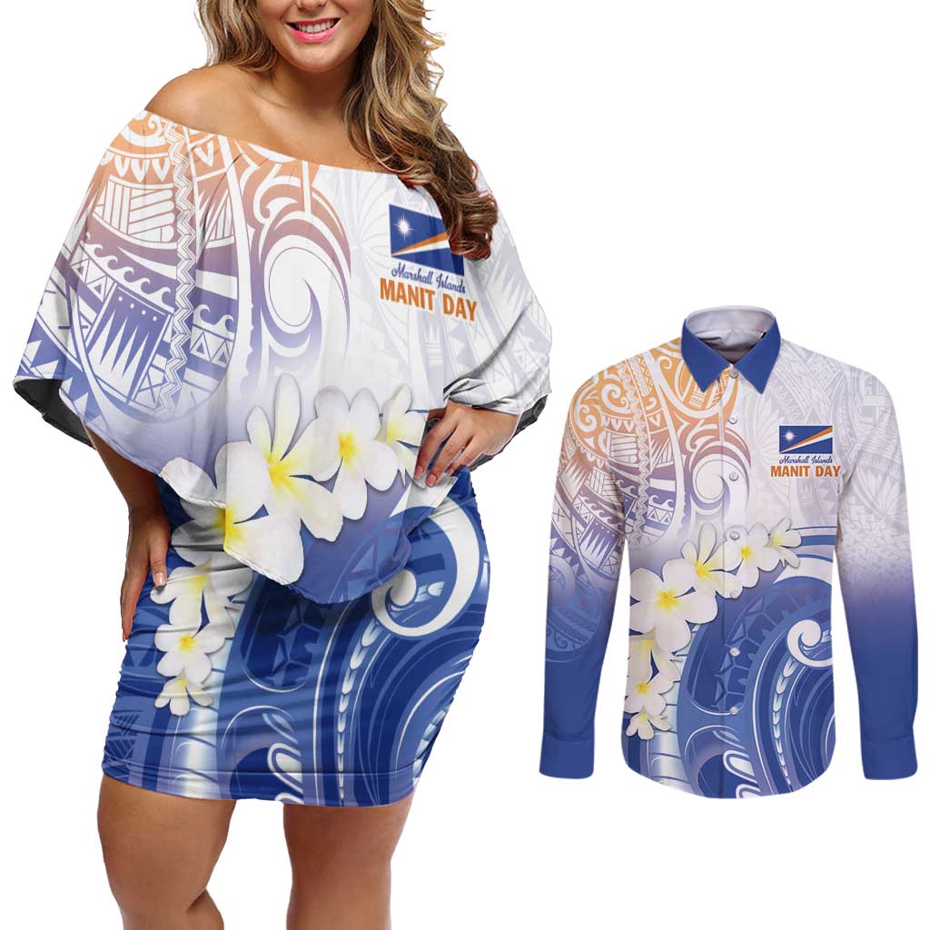 Marshall Islands Manit Day Couples Matching Off Shoulder Short Dress and Long Sleeve Button Shirt Plumeria and Polynesian Tribal LT9 White - Polynesian Pride