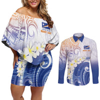 Marshall Islands Manit Day Couples Matching Off Shoulder Short Dress and Long Sleeve Button Shirt Plumeria and Polynesian Tribal LT9 White - Polynesian Pride