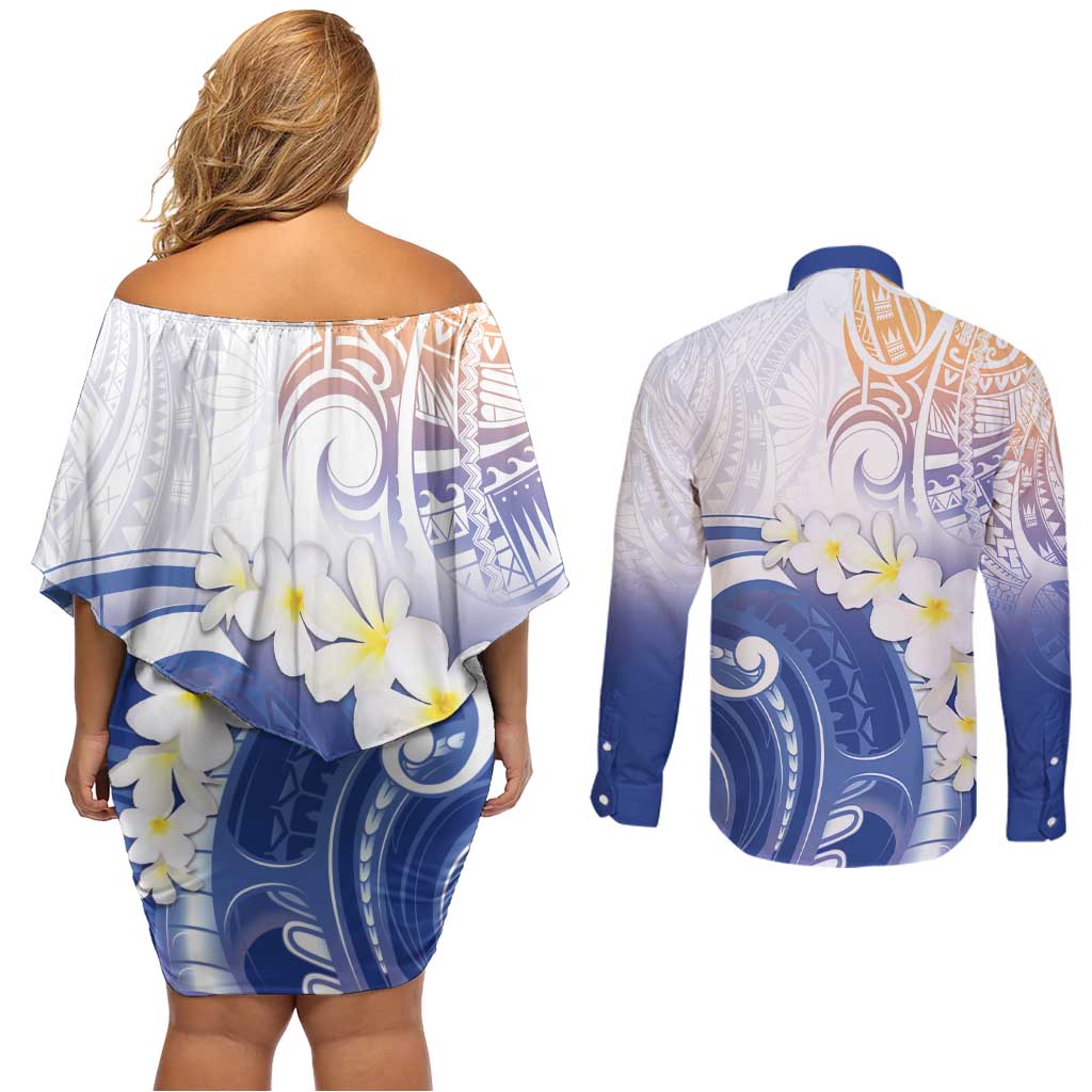 Marshall Islands Manit Day Couples Matching Off Shoulder Short Dress and Long Sleeve Button Shirt Plumeria and Polynesian Tribal LT9 - Polynesian Pride