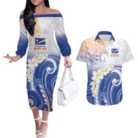 Marshall Islands Manit Day Couples Matching Off The Shoulder Long Sleeve Dress and Hawaiian Shirt Plumeria and Polynesian Tribal LT9 White - Polynesian Pride