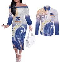 Marshall Islands Manit Day Couples Matching Off The Shoulder Long Sleeve Dress and Long Sleeve Button Shirt Plumeria and Polynesian Tribal LT9 White - Polynesian Pride