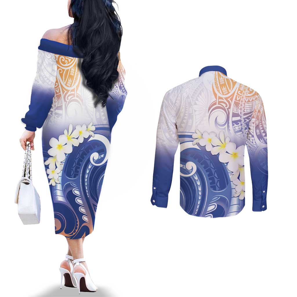 Marshall Islands Manit Day Couples Matching Off The Shoulder Long Sleeve Dress and Long Sleeve Button Shirt Plumeria and Polynesian Tribal LT9 - Polynesian Pride