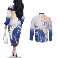 Marshall Islands Manit Day Couples Matching Off The Shoulder Long Sleeve Dress and Long Sleeve Button Shirt Plumeria and Polynesian Tribal LT9 - Polynesian Pride