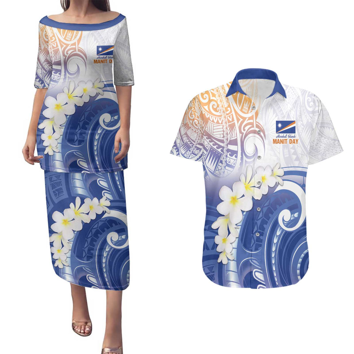 Marshall Islands Manit Day Couples Matching Puletasi and Hawaiian Shirt Plumeria and Polynesian Tribal LT9 White - Polynesian Pride