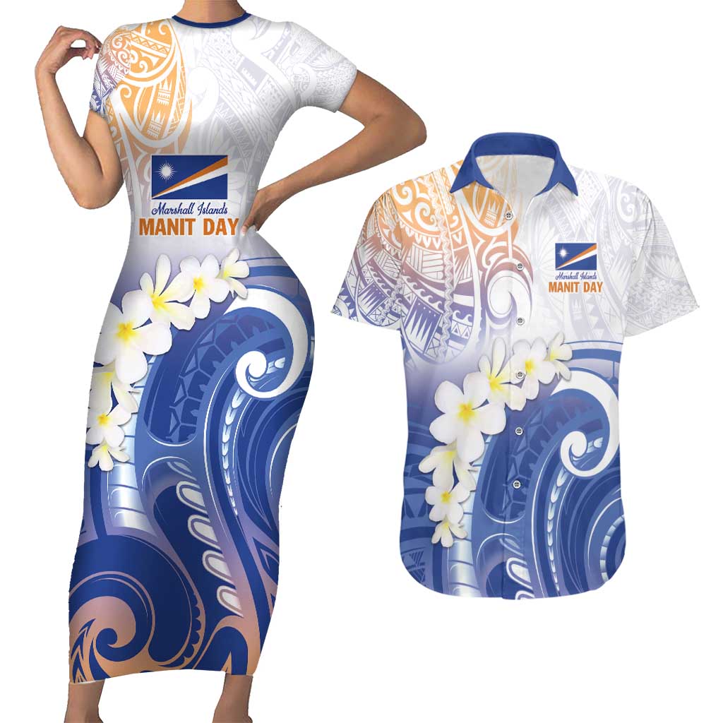 Marshall Islands Manit Day Couples Matching Short Sleeve Bodycon Dress and Hawaiian Shirt Plumeria and Polynesian Tribal LT9 White - Polynesian Pride