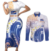 Marshall Islands Manit Day Couples Matching Short Sleeve Bodycon Dress and Long Sleeve Button Shirt Plumeria and Polynesian Tribal LT9 White - Polynesian Pride
