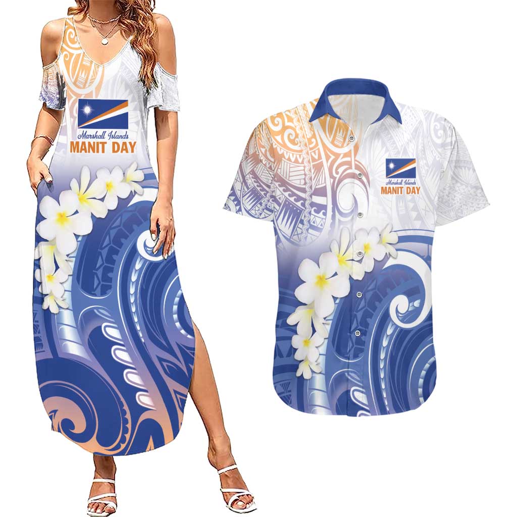 Marshall Islands Manit Day Couples Matching Summer Maxi Dress and Hawaiian Shirt Plumeria and Polynesian Tribal LT9 White - Polynesian Pride