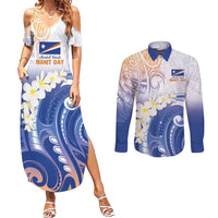 Marshall Islands Manit Day Couples Matching Summer Maxi Dress and Long Sleeve Button Shirt Plumeria and Polynesian Tribal LT9 White - Polynesian Pride