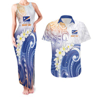 Marshall Islands Manit Day Couples Matching Tank Maxi Dress and Hawaiian Shirt Plumeria and Polynesian Tribal LT9 White - Polynesian Pride