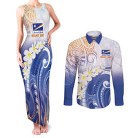 Marshall Islands Manit Day Couples Matching Tank Maxi Dress and Long Sleeve Button Shirt Plumeria and Polynesian Tribal LT9 White - Polynesian Pride