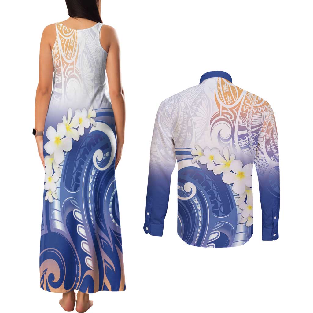 Marshall Islands Manit Day Couples Matching Tank Maxi Dress and Long Sleeve Button Shirt Plumeria and Polynesian Tribal LT9 - Polynesian Pride