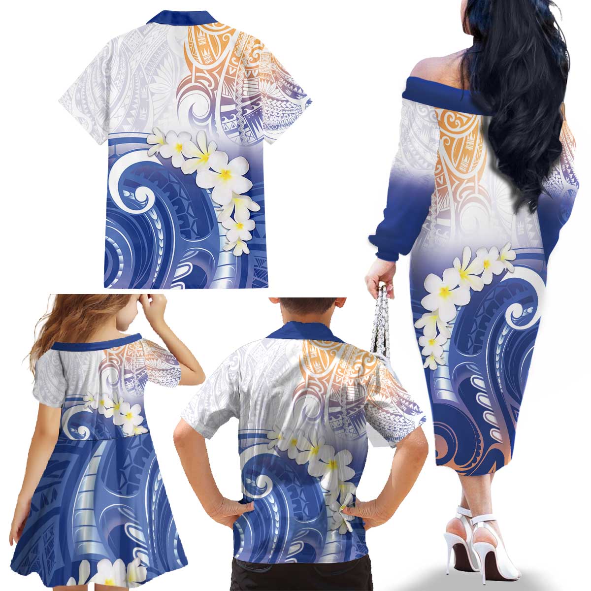 Marshall Islands Manit Day Family Matching Off The Shoulder Long Sleeve Dress and Hawaiian Shirt Plumeria and Polynesian Tribal LT9 - Polynesian Pride