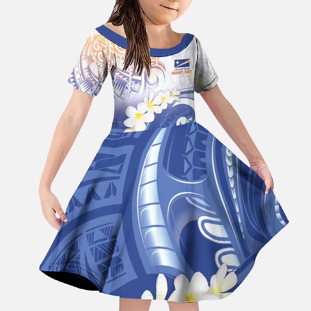 Marshall Islands Manit Day Family Matching Short Sleeve Bodycon Dress and Hawaiian Shirt Plumeria and Polynesian Tribal LT9 Daughter's Dress White - Polynesian Pride