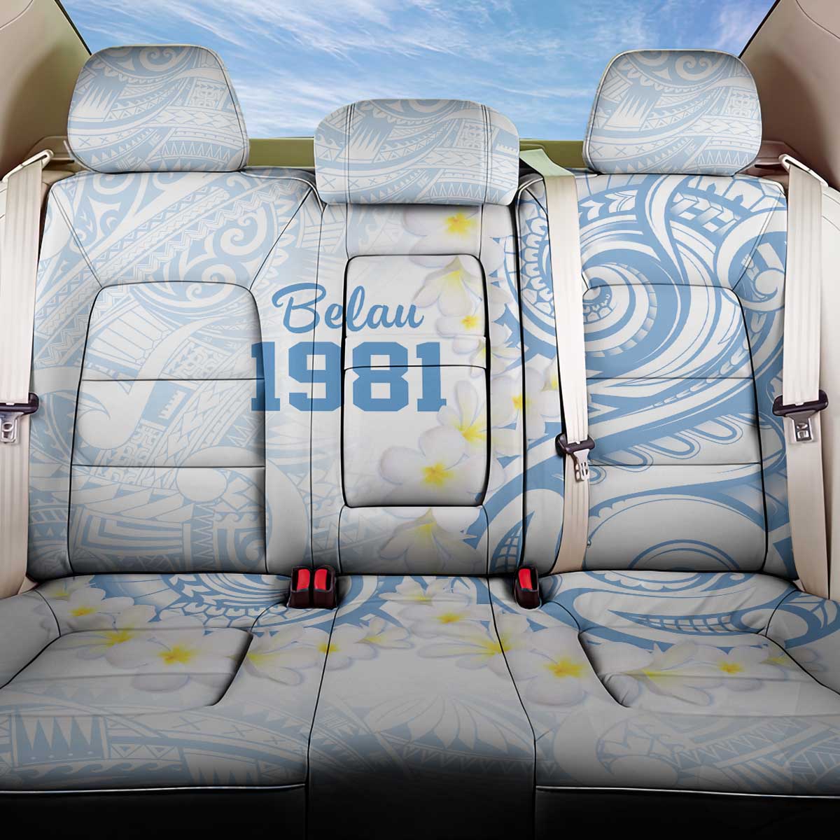 Palau 1981 Tribal Tattoo Back Car Seat Cover with Belau Plumeria Flowers LT9 One Size White - Polynesian Pride