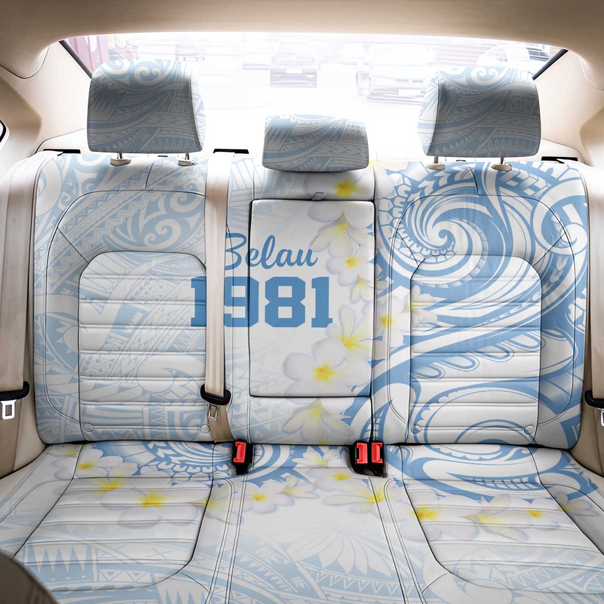 Palau 1981 Tribal Tattoo Back Car Seat Cover with Belau Plumeria Flowers LT9 - Polynesian Pride