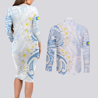 Palau 1981 Tribal Tattoo Couples Matching Long Sleeve Bodycon Dress and Long Sleeve Button Shirt with Belau Plumeria Flowers LT9 - Polynesian Pride