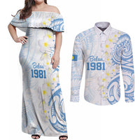 Palau 1981 Tribal Tattoo Couples Matching Off Shoulder Maxi Dress and Long Sleeve Button Shirt with Belau Plumeria Flowers LT9 White - Polynesian Pride