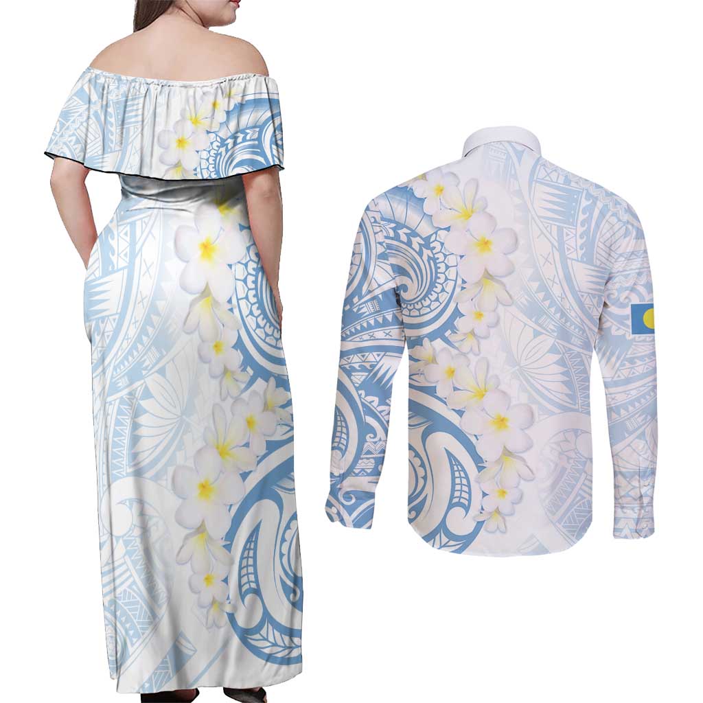 Palau 1981 Tribal Tattoo Couples Matching Off Shoulder Maxi Dress and Long Sleeve Button Shirt with Belau Plumeria Flowers LT9 - Polynesian Pride